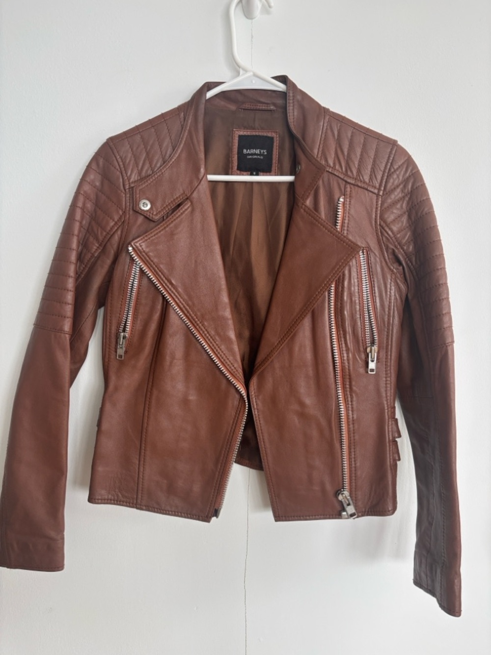 BARNEYS Women's Classic Brown Leather Moto Jacket with Quilted Accents S